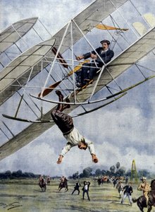 空のドラマ。オービル・ライトとアメリカ人のセルフリッジ中尉は、高度30メートルから飛行機で疾走した。イラスト：BeltrameLa Domenica del Corriere.1908. 作： Achille Beltrame