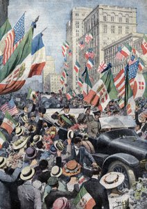 ジェノバ公爵兼ウディネ公爵フェルディナン・デ・サヴォイ（1884年～1963年）がボストンに到着した際に、アメリカ国民が与えた熱烈な歓迎。イラストはベルトラメ。La Domenica del Corriere.06/1917. 作： Achille Beltrame