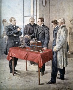 1899年のグリエルモ・マルコーニ（1874〜1937）の体験談。海峡を渡る無線電信。Domenica del Corriere "に掲載されたAchille Beltrameのイラスト。