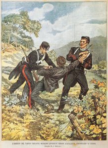 有名な山賊ムソリーノがウルビーノ地方のアッカラーニャ付近で逮捕される様子、Achille Beltrame（1871-1945）撮影、1901年10月27日、La Domenica del Corriereより 作： Achille Beltrame