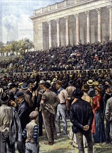 ミラノのゼネスト：数千人の労働者がアレーナに集まった。A. Beltrameの絵。"La Domenica del Corriere" 作： Achille Beltrame