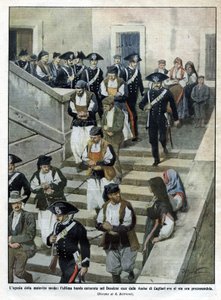 裁判が行われるカリアリのアサイス裁判所を後にする、サルデーニャのマルフラッツの最後の一団。ベルトラメのイラスト。La Domenica del Corriere.07/1913. 作： Achille Beltrame