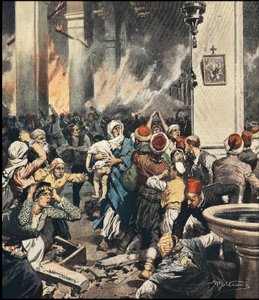 1909年、トルコのアダナで行われたアルメニア人虐殺。1909年5月の「La Domenica del Corriere」に掲載されたアキレス・ベルトラメ（1871-1945）のイラスト。 作： Achille Beltrame