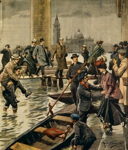 ヴェネツィアのサン・マルコ広場の高潮現象（Achille Beltrame（1871-1945）作、『La Domenica del Corriere』より）。 作： Achille Beltrame
