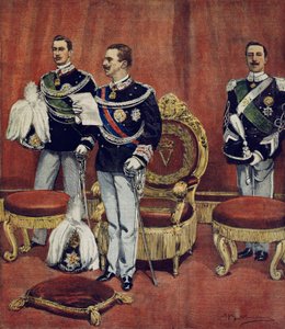 ヴィットリオ・エマヌエーレ3世のローマ元老院での宣誓式（Achille Beltrame（1871-1945）作、「La Domenica del Corriere」より）。 作： Achille Beltrame