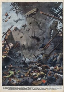 3月18日にテキサス州ニューロンドンで起きたガス漏れによる学校の爆発事故の惨劇。1937年04月04日の "La domenica del Corriere "に掲載されたAchille Beltrameのイラスト。 作： Achille Beltrame