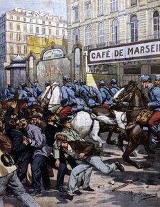マルセイユの労働者ストライキ：カネビエールで采配を振るうユサール。ベルトラメのイラスト。ラ・ドメニカ・デル・コリエール。1901. 作： Achille Beltrame