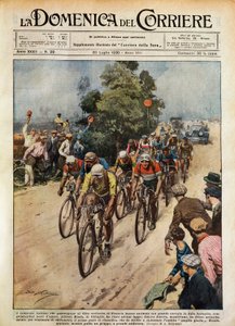 ツール・ド・フランス、先頭を走るリアコ・ゲラ（1902-1963）、イラストはAchille Beltrame（1871-9145）、「La Domenica del Corriere」7月20日号より。 作： Achille Beltrame