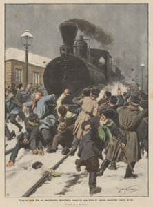 ロシアの列車の運転手と憤慨した労働者の群衆の間の彼に対する悲劇的な戦い 作： Achille Beltrame