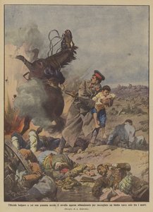 手榴弾が新たに捨てられた馬を殺して子供を集めるブルガリアの将校？ 作： Achille Beltrame