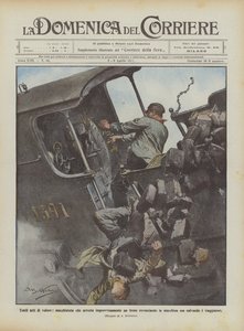 勇敢な謙虚な行動、突然車を転がす列車を止める列車の運転手？ 作： Achille Beltrame
