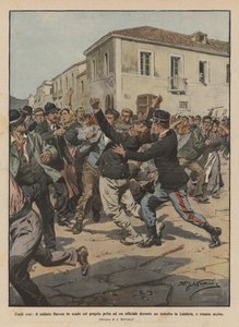 謙虚な英雄たち、兵士男爵は暴動の間に将校を胸で守っていますか？ 作： Achille Beltrame