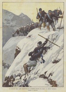 アルピニの船長がテレグラフォ山での行進中に峡谷に激突 作： Achille Beltrame