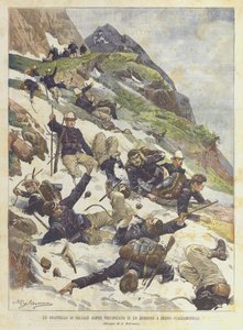 ブレノ（バルカモニカ）の渓谷に突入した高山の兵士のドラペロ 作： Achille Beltrame