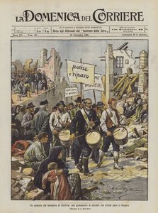 パンとシェルターを求める空腹の人々の行列、カラブリア地震のエピソード 作： Achille Beltrame