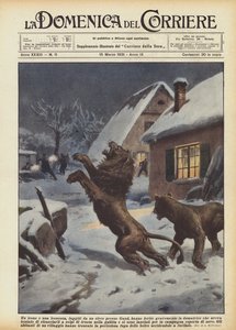 ゲント近郊のサーカスから逃げ出したライオンと雌ライオンが、調教師に重傷を負ったのは誰ですか？ 作： Achille Beltrame