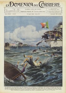 汽船との衝突後、8人のモーターボートがベニスラグーンに沈んでいます 作： Achille Beltrame