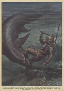 太平洋の島の近くの海底で働いていた日本人のダイバー？ 作： Achille Beltrame