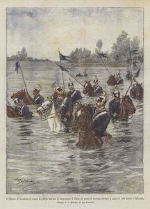 近くのティチーノを渡る戦争の衣装の騎兵小隊？ 作： Achille Beltrame