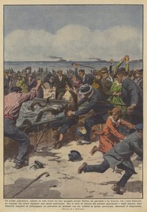 ツーロンの近くのビーチの水槽に展示されている巨大なタコが捕まりましたか？ 作： Achille Beltrame