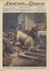狂ったように殺到した後、彼を食肉処理場に導いた男性から逃げた激怒した雄牛？