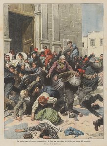 通信恐怖の悲劇的事件、地震を恐れてシチリア島の教会から脱出 作： Achille Beltrame
