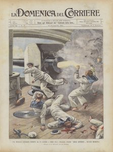ミソランギの前にあるイギリスの戦艦ロイヤルソブリンに搭載された大砲が生み出した致命的な爆発 作： Achille Beltrame