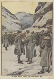 雪の中での儀式、勇気のための2つの銀メダルの配達 作： Achille Beltrame