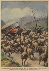 クーネオ県のブラとアルバを結ぶ道路で羊のウンカタモンベが発生しました 作： Achille Beltrame