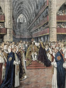 イギリス（1901年）。ウェストミンスター寺院でのエドワード7世の戴冠式。Domenica del Corriere』に掲載されたAchille Beltrameのイラスト。エングレーヴィング。 作： Achille Beltrame
