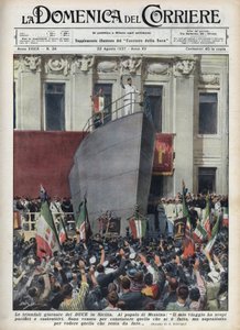 ベニート・ムッソリーニ公爵のシチリア旅行中のメッシーナ訪問。1937年8月22日の "La domenica del corriere "に掲載されたAchille Beltrameのイラスト。 作： Achille Beltrame