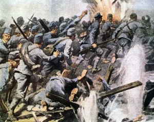 ヴィットリオ・ヴェネトの攻勢：『ラ・ドメニカ・デル・コリエール』の挿絵に描かれたオーストリアの退却「山が遊びに来た フィフスが家に遊びに来た ピアーヴェの悲劇的な退却」（リトグラフ 作： Achille Beltrame