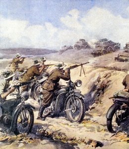 WWII-1940 1941-北アフリカのキャンペーン-「シレナイカでのベルサグリエリとイギリスの装甲部隊の衝突」（1940年7月28日付「La Domenica del Corriere」より）、イラスト：A.