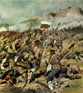 五カ国戦争、ブルガリア軍がアドリアノープルに向けて進撃し、キリッスを攻略して莫大な戦利品を得る、アキレ・ベルトラメ（1871-1945）著、1912年11月3日付「ラ・ドメニカ・デル・コリエール」掲載の図版 作： Achille Beltrame