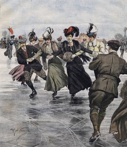 冬の楽しみ。スケーター。1907年、Achille Beltrameによるイラスト。