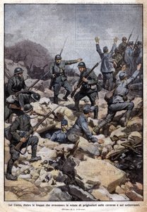 第一次世界大戦。カルソ台地（トレンティーノ）のイタリア戦線と地下の囚人たち"Domenica del Corriere".07/1917（リトグラフ 作： Achille Beltrame