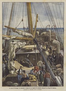運を求めて、ナポリからアメリカに移住する農民の蒸気に乗って朝食 作： Achille Beltrame