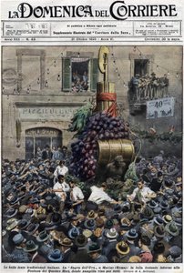1928年10月21日付の「Domenica del Corriere」の表紙には、ローマ近郊のマリーノのブドウ畑で、街の噴水からワインが運び出される様子が描かれている。イラスト：Achille Beltrame 作： Achille Beltrame