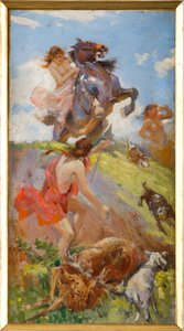 鹿を狩るアマゾン (キャンバスに油彩、ボール紙) 作： Achille Boschi