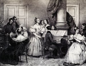 ピアノによる家族コンサート、Achille Deveria (1800-1857) 作、彫刻、フランス 作： Achille Devéria