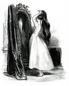エマ・ボヴァリーが鏡の前で長い髪をかきあげる。 作： Achille Devéria