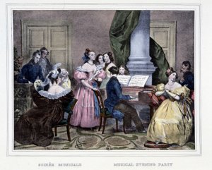 ピアノフォルテを囲んでの音楽の夕べ - Achille Deveriaの "Les heures de la Parisienne "にて 作： Achille Devéria