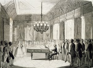 Noite musical com piano, de Achille Deveria (1800-1857), gravura, França 作： Achille Devéria