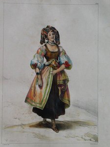 ロシアのドレスを着た女性c。 1843 作： Achille Devéria