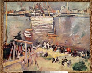 アントワープ港でコルベットに乗り込む オーソン・フリース（1879-1949）による絵画 1906年 個人蔵