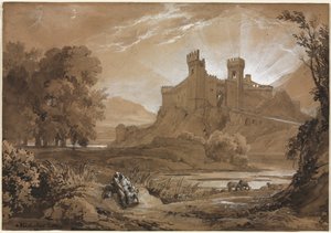 城と羊飼いのいる風景、1814年。 作： Achille Etna Michallon