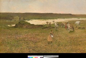 イタリア、ロンバルディア州、セスト・カレンデ近郊、または「平原での放牧」 アキッレ・フォルミス（1832-1906）作 1887年 個人蔵 作： Achille Formis Befani