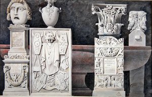 古代彫刻の断片（グラファイト、ウォッシュ、紙に水彩） 作： Achille Francois Leclere