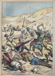 1896年、チュニジアのEl-Ouatia（エル・オワティア）付近でのモレス侯爵（アントワーヌ・アメデ・マリー・ヴィンセント）・マンカ・ド・ヴァロンブローサ（1858-1896）とその仲間の死 - 1896年6月の「Le-Pelerin」に掲載されたAchille Lemotのイラスト 作： Achille Lemot