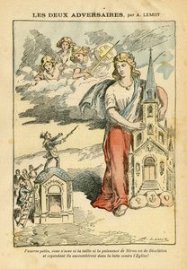 Achille Lemot (1846-1909)によるイラスト（Le Pelerin, 09/09/06） - 二人の敵 - 反ユダヤ主義, 宗教 信仰, 三色旗, カテドラル教会, シナゴーグ, カトリックカトリック - 寓意, 縮尺の変更 作： Achille Lemot